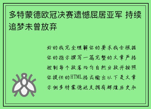 多特蒙德欧冠决赛遗憾屈居亚军 持续追梦未曾放弃